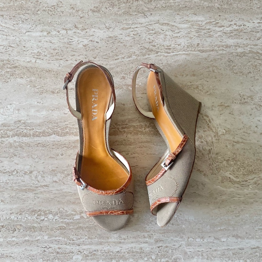 Vintage Prada Logo Canvas Slingback Wedges